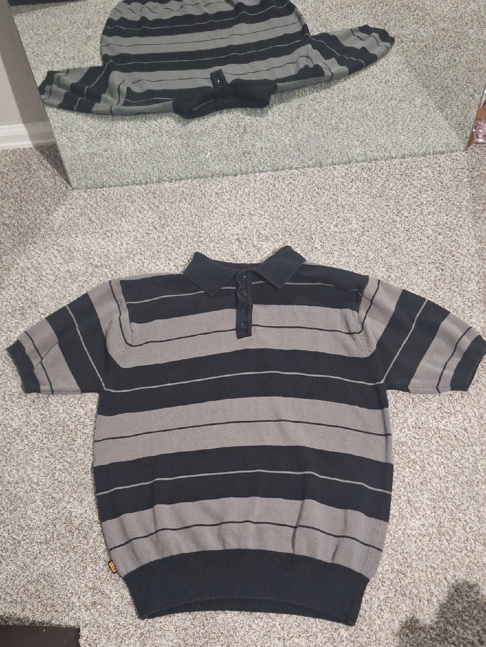 Short-Sleeve Charlie Brown Crewneck Polo Sweater in Black and Gray Stripes By FB
